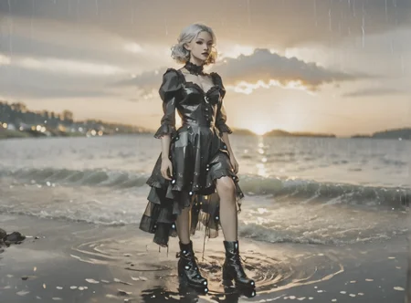score_9, score_8_up, score_7_up, Environmental scene, character off to side, sitting in repose enjoying the view, 1girl, pale skin, medium breasts, <lora:sm0k3XLP:1>, <lora:goth_clothes:1>, goth dress, gothic, black dress, detailed dress, black high heeled shoes, Long white hair, young face, <lora:Always_In_Flux_Style:1>, <lora:Blue_Scene:1> bluescene, river, ocean, lake, sunset, crescent moon, wet, rain, silhouette, bird, depth of field, landscape, cloud, real world location, swim, watercraft,