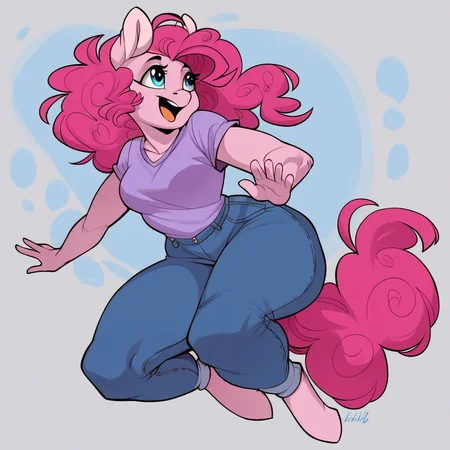 <lora:Evehly_Style_v2_PonyXL:0.8>, evehly, by evehly, score_9, score_8_up, score_7_up, score_6_up, score_5_up, score_4_up, source_furry, source_pony, source_cartoon, rating_safe, unguligrade anthro, anthro, breasts, clothing, clothed, pinkie pie, anthro, earth pony, wide hips, thick thighs, unguligrade anthro, detailed background, in cloudsdale, jumping