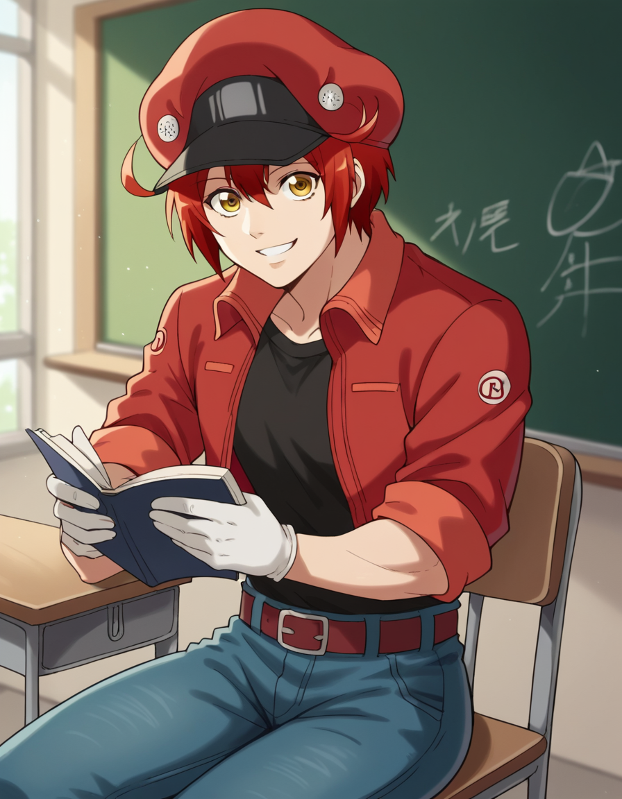 score_9, score_8_up, score_7_up, source_anime, <lora:red-blood-cell-ae3803-s1-ponyxl-lora-nochekaiser:1>, red blood cell ae3803, short hair, hair between eyes, yellow eyes, ahoge, red hair,, shirt, gloves, hat, jacket, belt, pants, white gloves, black shirt, denim, red headwear, red jacket, jeans, cabbie hat,, classroom, chalkboard, day time, studying, sitting, chair, desk,, smile, looking at viewer, arm flexed showing muscle, solo,, cowboy shot, dutch angle