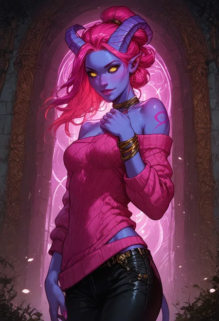 score_9, score_8_up, score_7_up, score_6_up, score_5_up, masterpiece, perfect face, perfect hands,perfect eyes, high quality, (EyesHD:0,5), color theory,
,solo,
Sinewy build, 1 demon girl, tiefling,female, yellow eyes, horns, ,lilac pink purple skin colour, wild hair,
Oversized sweater, pants, wrist watches,
,tribal jewlery,
leather straps,
,hip bend,
Dynamic pose, , hip angle,
BREAK
background,
,innside, high detail,neon lights, ,indoors, bar \(place\), sci-fi, dance club,
ais-rmr,easynegative,