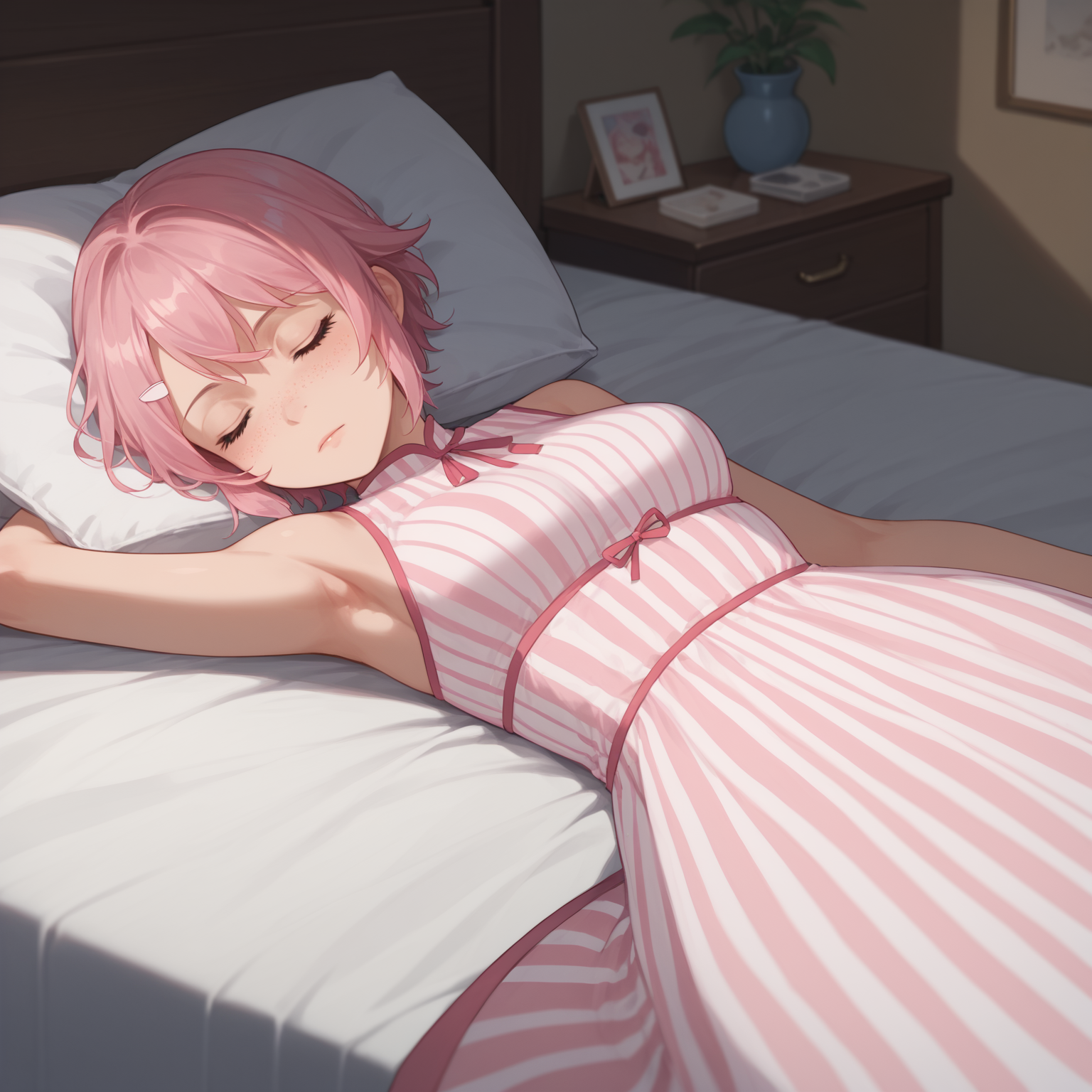 score_9, score_8_up, score_7_up, score_6_up, source anime, 1girl, solo, <lora:Lisbeth-Rika Shinozaki - Sword Art Online-000005:1>, solo, LisShino, short hair, freckles, pink hair, hair ornament, medium breasts, pink dress, striped dress, sleeveless dress, bedroom, on bed, sleeping,