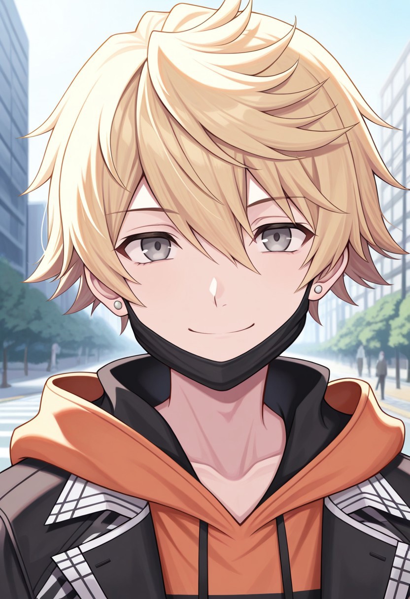 masterpiece,best quality,amazing quality, source_anime,
rindokanade, 1boy, male focus, solo, grey eyes, blonde hair, jewelry, earrings, mouth mask, mask pull, hoodie, orange hoodie, coat, black and white coat, portrait, smile,
outdoor,