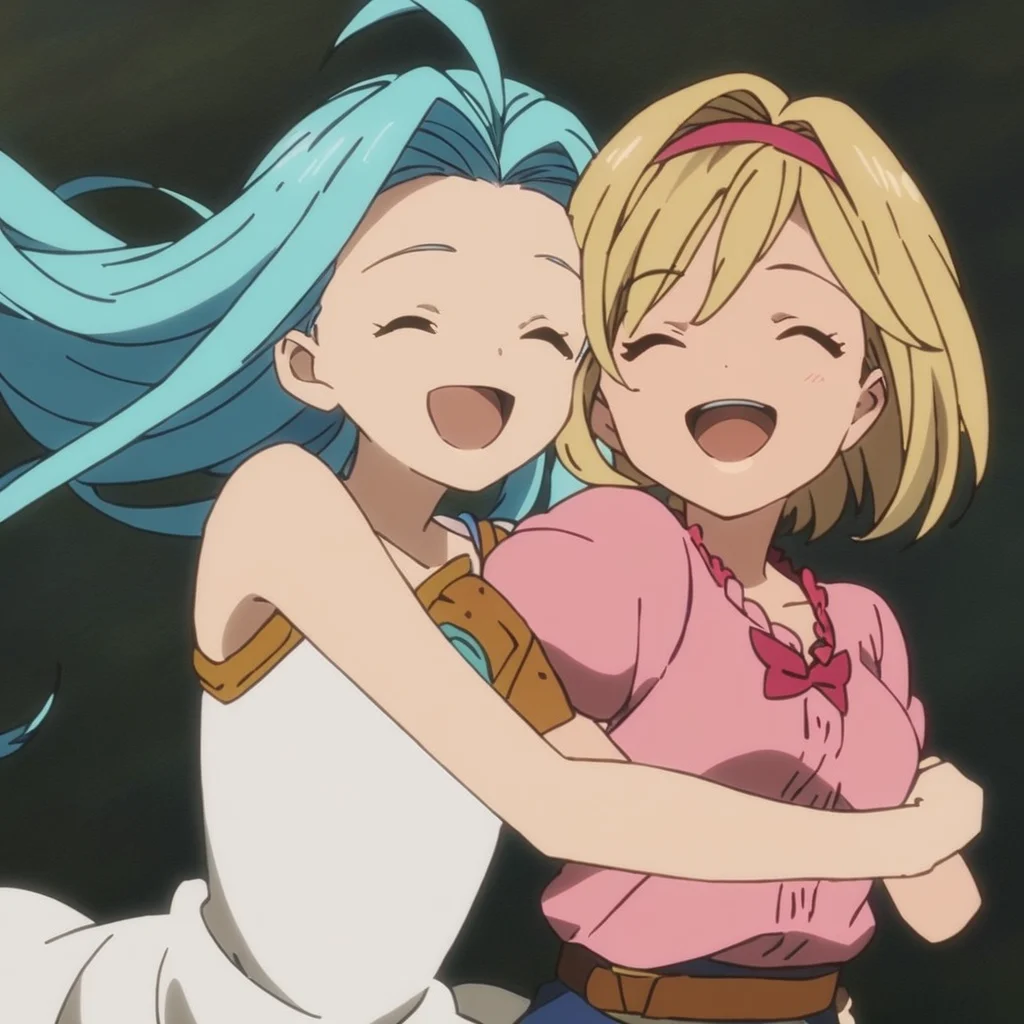 best quality, simple background, white background,
hug, jumping, smile, closed eyes, open mouth, upper body,
2girls, yuri, (chibi:0.5),
lyria \(granblue fantasy\), very long blue hair, ahoge, white sleeveless dress,
djeeta \(granblue fantasy\), blonde short hair, pink shirt,
<lora:JitaRuri-XL:1> jitaruri, (anime coloring:1),