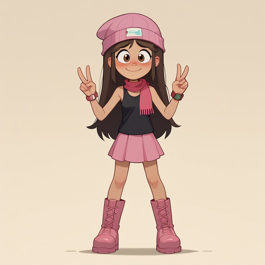 Expressiveh, score_9, score_8_up, score_7_up, cartoon style, 1girl, solo, libby, brown hair, brown eyes, long hair, tan-skinned female, 
 Young, small breasts, slender, blush, nervous smile, double v, 
Standing, full body,
beanie, black sleeveless shirt, pink scarf, pink skirt, pink boots, red watch