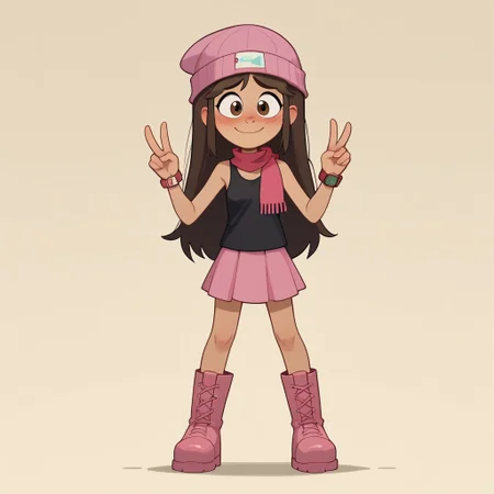 Expressiveh, score_9, score_8_up, score_7_up, cartoon style, 1girl, solo, libby, brown hair, brown eyes, long hair, tan-skinned female, 
 Young, small breasts, slender, blush, nervous smile, double v, 
Standing, full body,
beanie, black sleeveless shirt, pink scarf, pink skirt, pink boots, red watch
