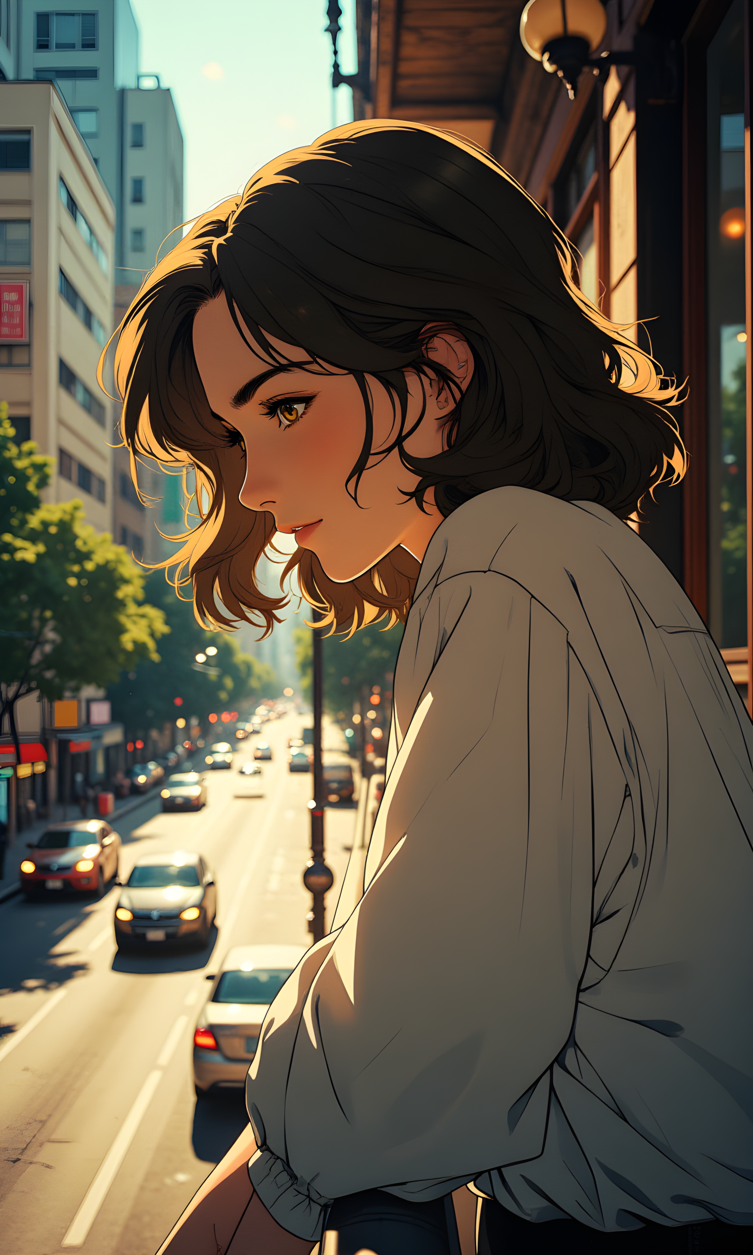 This image captures a serene and contemplative moment featuring a woman leaning on a railing, overlooking a bustling city street. The camera is positioned at eye level, providing a direct and engaging perspective of the subject. The angle is slightly angled to her left, allowing for a clear view of her face and the surrounding environment.
The lighting in the image is soft and natural, likely from natural light coming through a window or an open door. The light type appears to be natural daylight, which creates a warm and inviting atmosphere. The light direction is from the front-left side of the subject, casting gentle shadows that highlight the contours of her face and the texture of her clothing.
The woman is looking down, with a slight smile on her face, suggesting she might be lost in thought or simply enjoying the moment. She is wearing a white long-sleeve top, which adds to the overall sense of simplicity and elegance. Her hair is styled loosely around her shoulders, adding a touch of softness to the scene.
The background features a busy city street with various cars and buildings, creating a sense of depth and context. The colors and textures in the background complement the subject's appearance, creating a harmonious and visually appealing composition. The overall mood of the image is one of quiet reflection and tranquility, capturing a moment of stillness amidst the hustle and bustle of urban life.
BREAK anime, d13s3lp2nk, bboil artist style, OBdonman, Anime art, <lora:FLUX\Anime Art V3:0.4>, <lora:FLUX\Synesthesia:0.2>, <lora:FLUX\RetroAnimeS1.1:0.4>, <lora:FLUX\Flux-jijia:0.1>, <lora:FLUX\It's a LoRA for portraits, BUT! actually specialized in backgrounds. v1.0:0.1>, <lora:FLUX\GLSHS:0.2>, <lora:FLUX\Dieselpunk Delight - s0_9 g4:0.2>, <lora:FLUX\OBdonman, anime0style portrait:0.1>