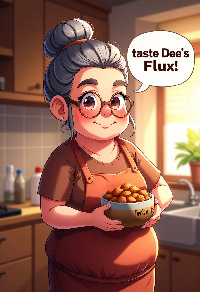 A chubby maternal granny with her hair in a bun and round glasses, smiling dimples, in her warm light kitchen, holding a bowl of toasted nuts, speech bubble with "taste Dee's Flux", On the bowl there's written "Dee's nuts"