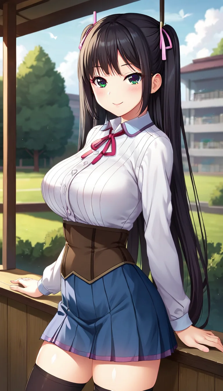 score_9,score_8_up,score_7_up,score_6_up BREAK official art,solo,outdoors,upper body,(portrait:1.5),looking at viewer,facing viewer,smile,blush,Kamisato Kiriko,very long hair,black hair,two side up,twintails,hair ribbon,pink ribbon,bangs,green eyes,school uniform,white shirt,collared shirt,neck ribbon,red ribbon,long sleeves,large breasts,underbust,brown corset,miniskirt,blue skirt,pleated skirt,thighs,black thighhighs,zettai ryouiki,loafers,<lora:Kamisato Kiriko(on)-Pony:1.2>,
