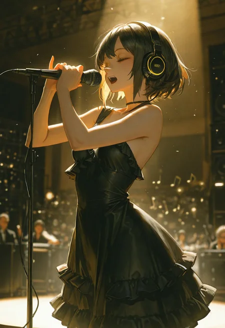 masterpiece, ultra-HD, cinematic lighting, photorealistic, impressionism (1.5), high detail, depth of field, (blurred background), (dramatic lighting),masterpiece, best quality, very aesthetic,8k,masterpiece, best quality,realistic, masterpiece, best quality, 8k,, usnr, 
1girl, enjoying, elegant headphones, microphone, singing, studio, musical notes, closed eyes, peaceful, singing, concentration, portrait, expressive eyes, dynamic pose, beautiful, expressive face, one hand holding headset, the other hand holding microphone, frilled dress, black dress, exposed shoulders, parted breast, standing on the stage, under spotlight,