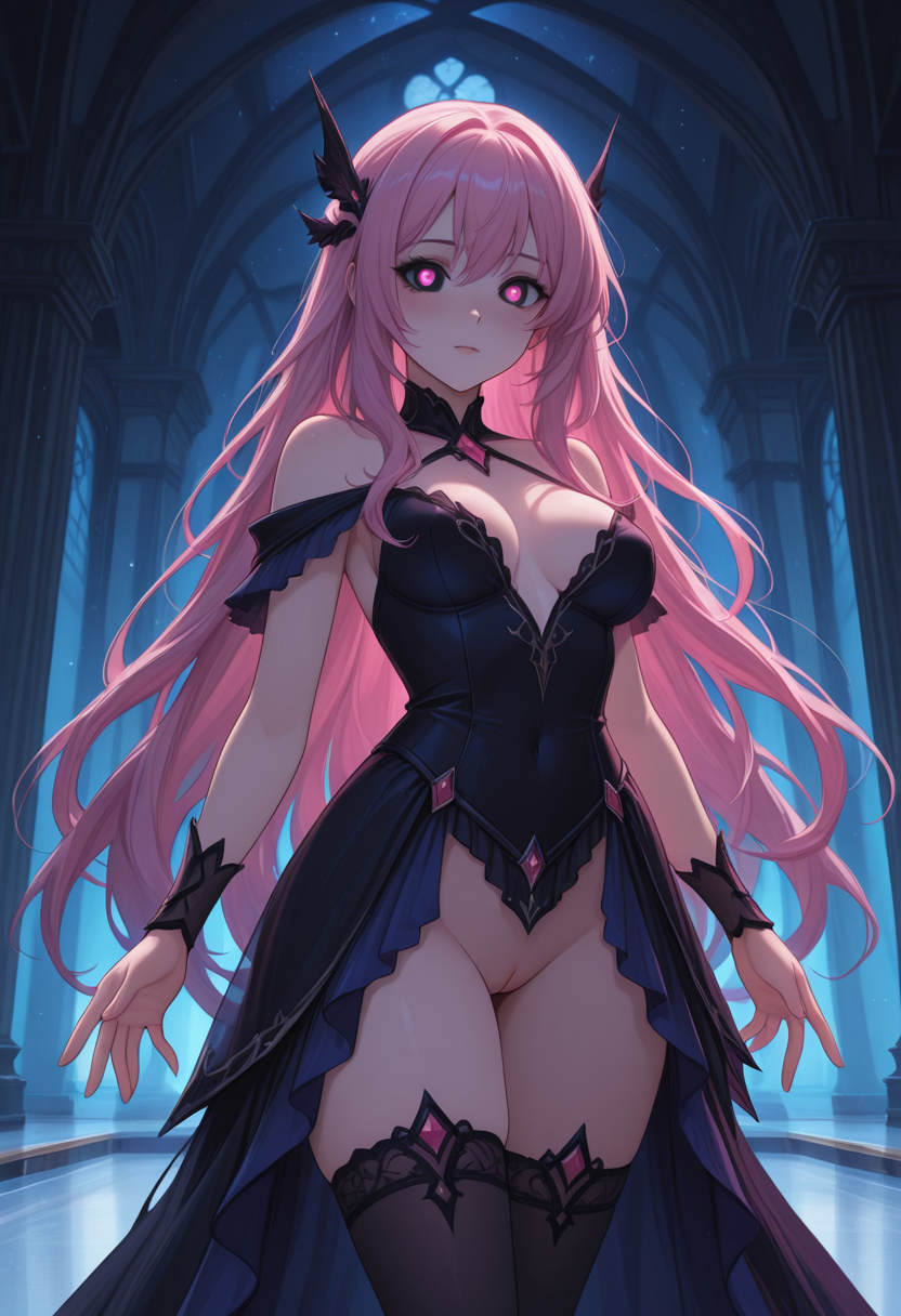 score_9, score_8_up, score_7_up, score_6_up, dynamic, (anime, masterpiece), best quality, (8k), detailed background, sharp focus, intricate, ambient lighting, super high quality, hyper detailed background, cinematic lighting, adult, double tone nebula pink very long hair, medium breasts, mature, adult, fantasy, sexy, woman, slip-showing, knee-highs, skating dress,  Hagridâs hut porch, bashful, pressing palms flat against a surface behind her, nudity, pussy, ghostly periwinkle eyes,  <lora:CatgirlStyle-000016:1>, CatGirlStyle,