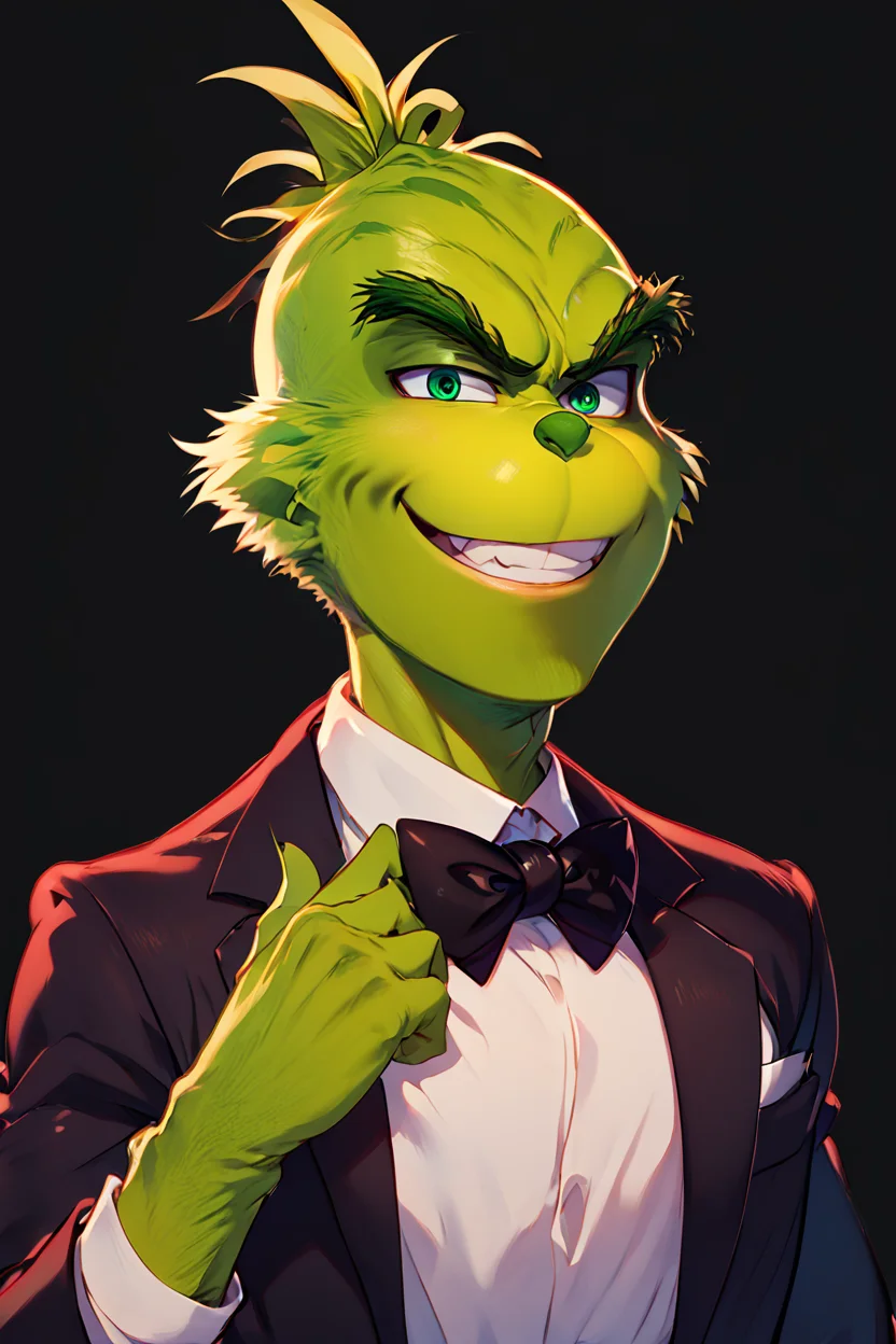 score_9, score_8_up, score_8, ,,, , zzGrinch, solo, looking at viewer, smile, simple background, shirt, gloves, long sleeves, 1boy, bow, green eyes, jacket, white shirt, upper body, male focus, teeth, collared shirt, hand up, bowtie, grin, black jacket, dress shirt, black bow, colored skin, formal, thick eyebrows, suit, wing collar, black background, black bowtie, evil smile, green skin, green gloves, lapels <lora:GrinchPDXL:1.0>,,,, BREAK, smile, looking at viewer, cowboy shot, ,,, embedding:zPDXL, Expressiveh, ,,, <lora:Zankuro_Style_PDXL:0.8> <lora:SDXLFaeTastic2400:0.5>, <lora:Expressive_H-000001:0.4>,