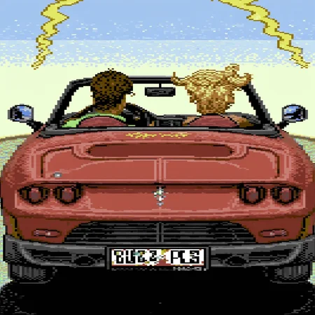 c64style,view behind the car. The car is fully visible.Man driving a convertible Ferrari. Blonde woman sitting next to him with her hands in the air. Thunderbolt symbols float above her head. On the rear plate there is wiritten "BUZZ PLS"