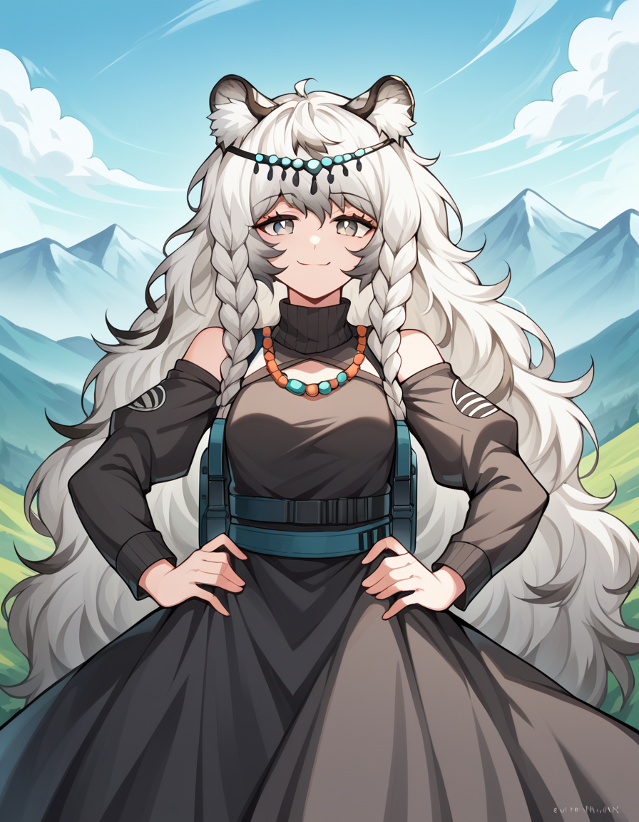 score_9, score_8_up, score_7_up, source_anime, <lora:arknights-pramanix-ponyxl-lora-nochekaiser_r1:1>, pramanix, pramanix (arknights), animal ear fluff, animal ears, grey eyes, braid, grey hair, leopard ears, long hair, very long hair, small breasts, mature female, messy hair, multicolored hair, two-tone hair, wavy hair, white hair, bare shoulders, black dress, dress, juliet sleeves, long sleeves, puffy sleeves, veil,, mountain trail, hiking, nature, backpack, adventure, fresh air, smile, looking at viewer, smug, hands on hips,, solo,, cowboy shot, dutch angle