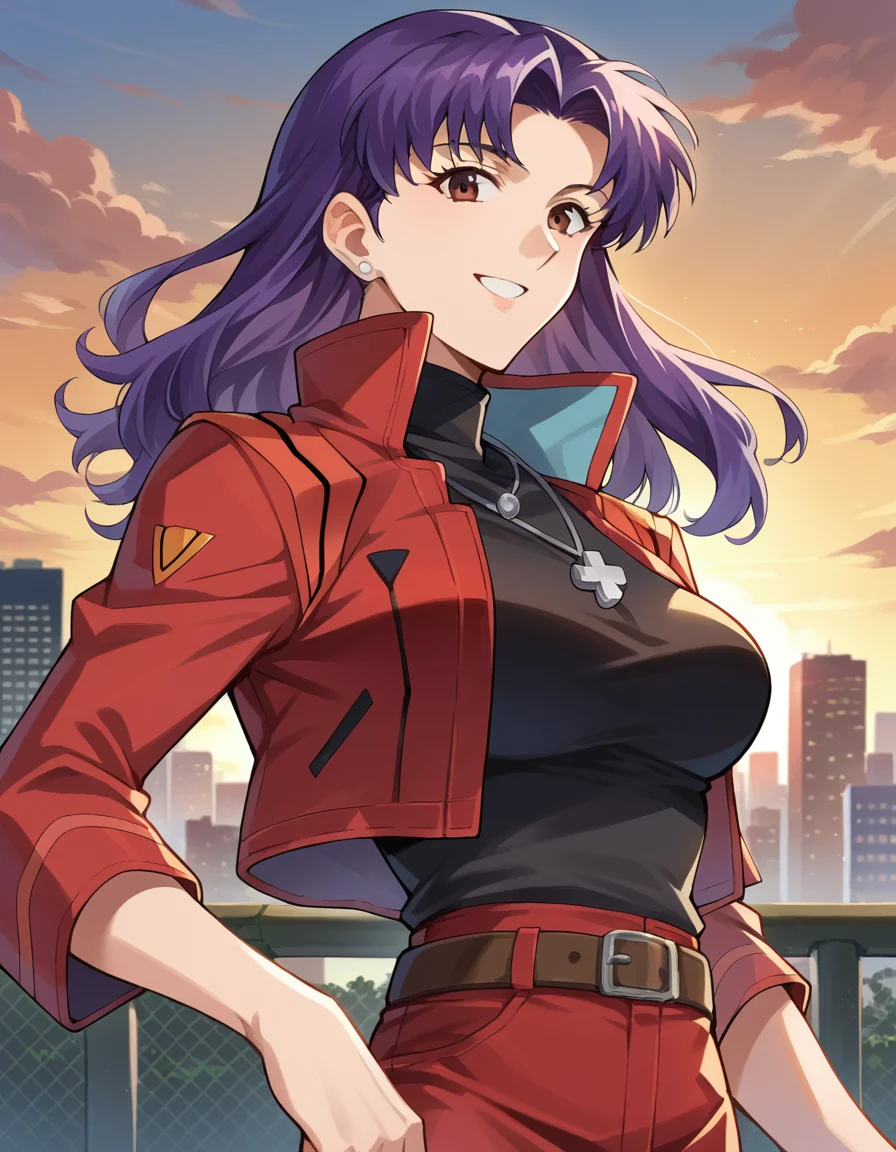 score_9, score_8_up, score_7_up, source_anime, misatokatsuragi, <lora:misato-katsuragi-ponyxl-lora-nochekaiser:1>, misato katsuragi, long hair, brown eyes, purple hair, parted bangs, skirt, jewelry, smile, mature female, jacket, belt, necklace, uniform, cross, red jacket, pencil skirt, cross necklace, red skirt, black shirt, turtleneck, cropped jacket, outdoors, cityscape, sky, clouds, sun, looking at viewer, cowboy shot, dutch angle, dynamic pose,