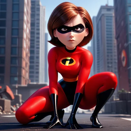 score_9, score_8_up, score_7_up, score_6_up, score_5_up, score_4_up, rating_questionable, 1girl, Hel_enParr, crouching, superhero, eye mask, big hips