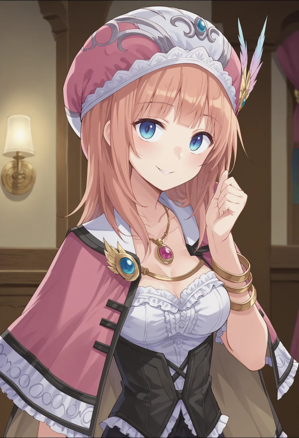 score_9, score_8_up, score_7_up, score_6_up, score_5_up, score_4_up , anime coloring ,BREAK source_anime, anime,screencap,
1girl, solo, a12, long hair, breasts, pink cape, black corset,bracelet, pink headwear, pendant, <lora:PonyXL RoronaF V1:0.9>
indoors, upper body,
smile, looking at viewer,