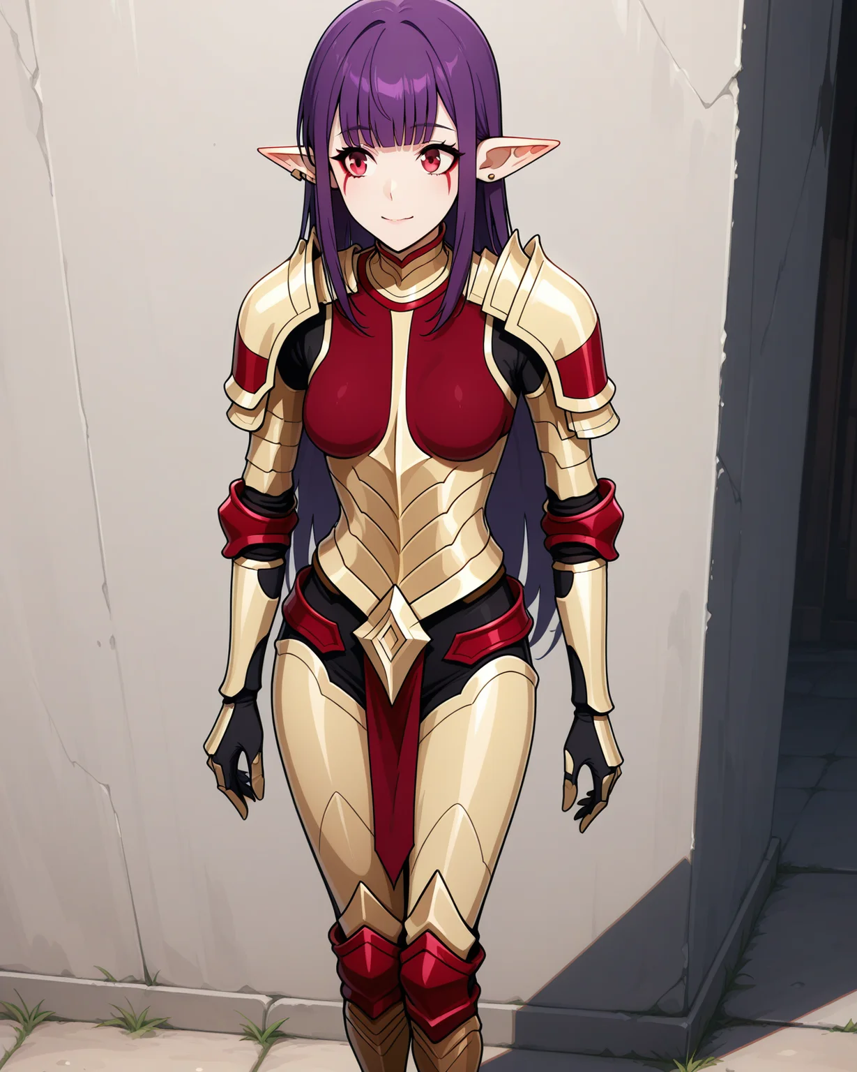 (golden armor armored boots bodysuit:1.50),
sl-esil, red eyes, purple hair, blunt bangs, ear rings, ear piercings
medium breasts, 1girl, (solo:0.60), (skinny:0.8),
(masterpiece, highres, ultra-detailed,very aesthetic, best quality, absurdres, high quality, highres),
happy,
standing,
(:0.90),
BREAK,
,
,
long hair sidelocks
<lora:sl-esil-V03-illXL:1.00>