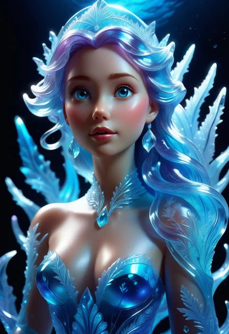 made out of Jed-Blmicry, masterpiece, full of intricate details, Digital art, Ariel from The Little Mermaid, Beautifully Lit, artistic, fantasy, <lora:BioIceCrystalStyle-000006:0.7>, complimentary colors, professional creative, winning, epic, striking, great light, glowing