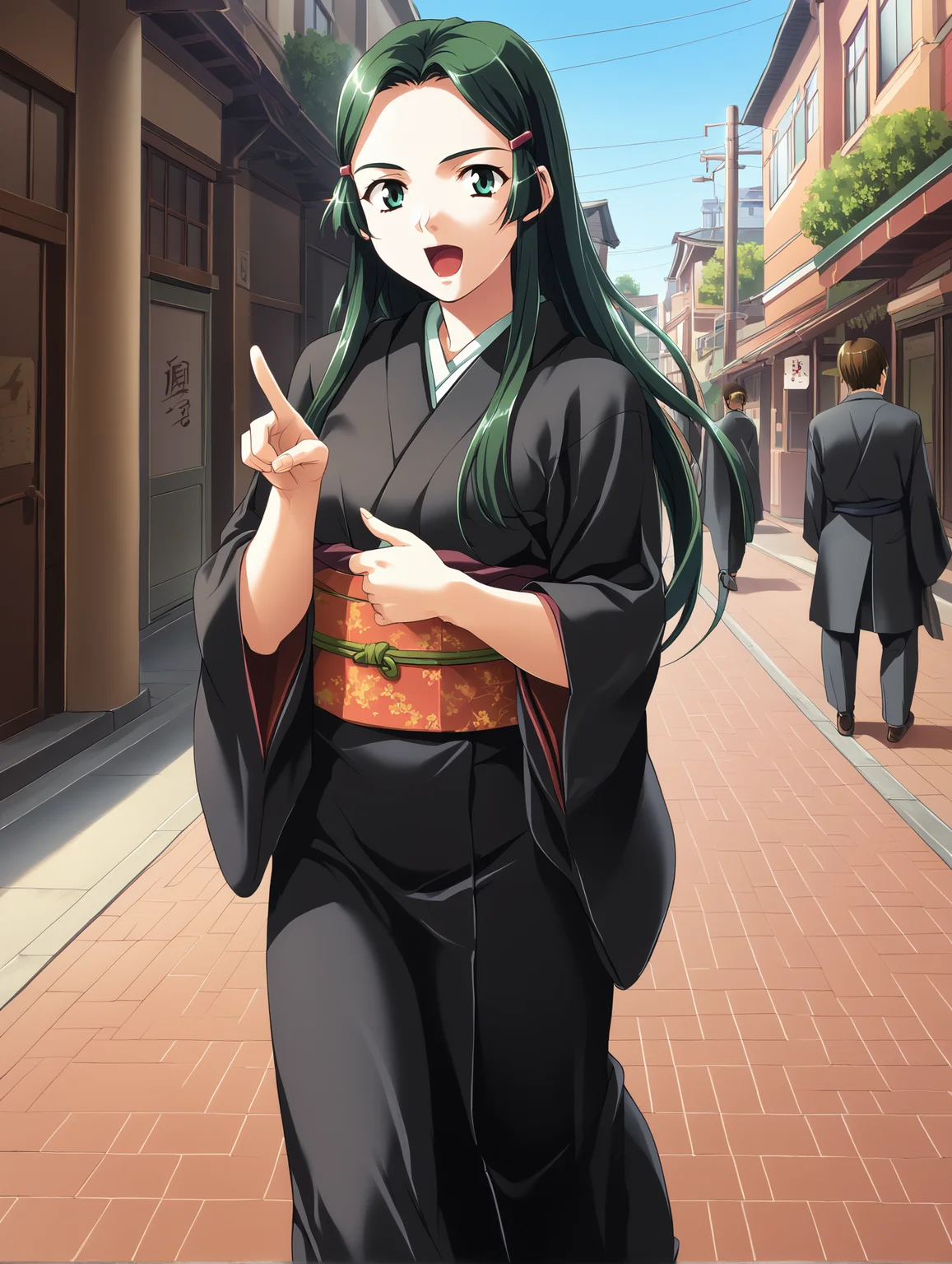 score_9, score_8_up, score_7_up, <lora:mikagura-v2-ponyxl:1>
ifukube, hairclip, long hair, black kimono
1girl, solo, pointing at viewer, open mouth, furrowed brow, sidewalk, city