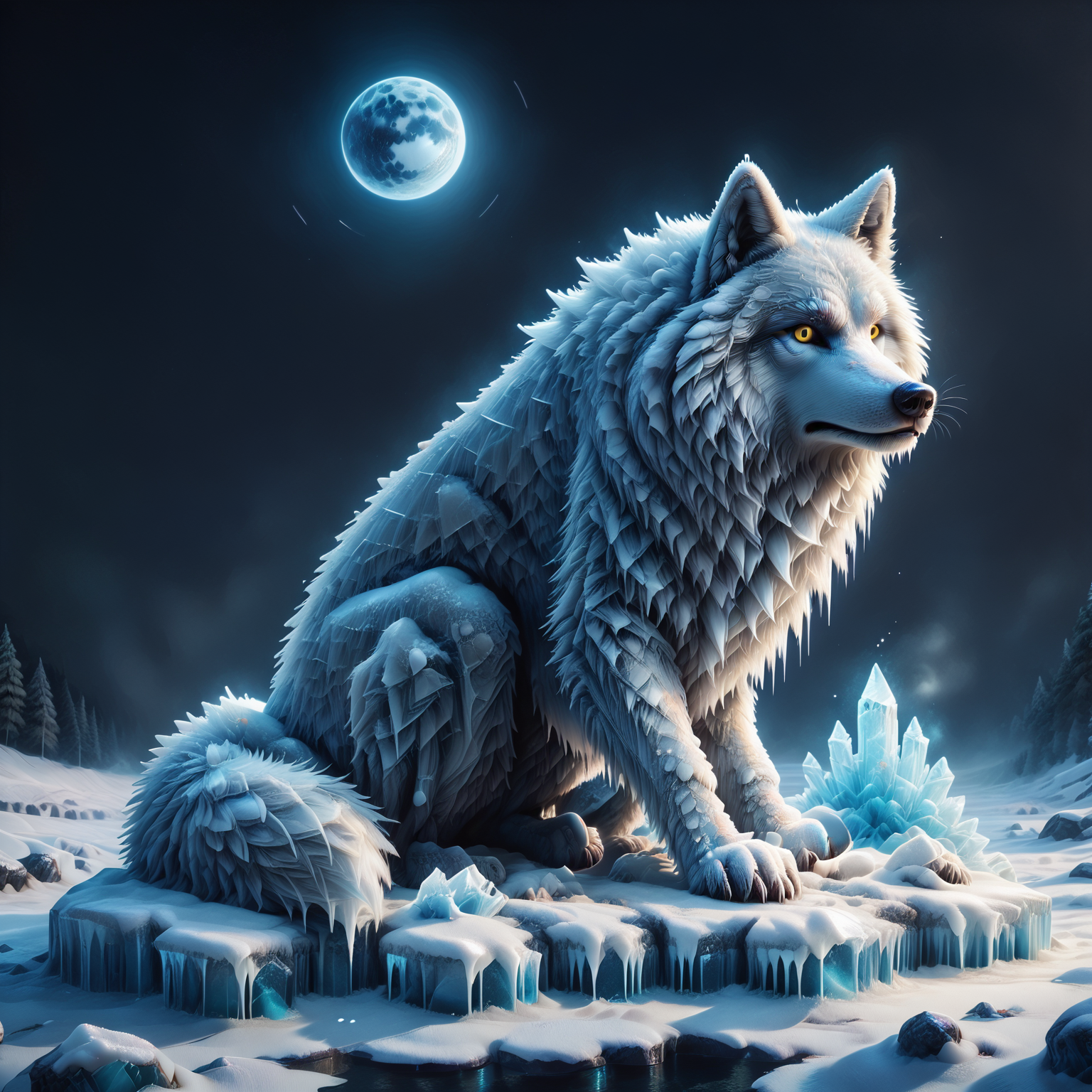 score_9, score_8_up, score_7_up, score_6_up, score_5_up, score_4_up, fr0stwrld, snow, ice <lora:Fr0stWrld4:1> BREAK
wolf, animal, sitting, side view, yellow eyes, black background, night, full moon