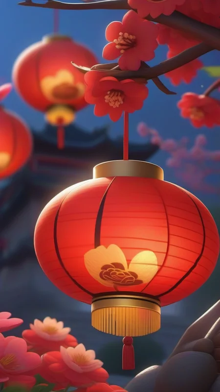 lantern festival scene,Red lantern,in the flowers,in the style of temmie chang,in the style of realistic and hyper-detailed renderings,strong diagonals,colorful illustrations,2D game art,black outline,3D rendering,4k resolution,best Quality,<lora:Red lantern_XSE_GAME_V1:0.8>,