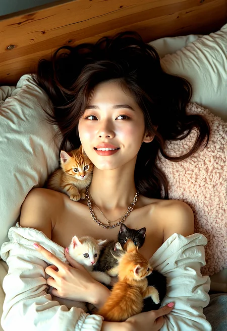 RAW photo, an intimate Overhead Shot of a beautiful vietnamese woman, slightly tanned skin, dyed beige hair with bright brown eyes, pointy chin, fake nails, chain necklace, in bed while kittens of all colors cuddle with her. The happiness in her expression is captured in stunning 8K resolution with photorealistic sharpness and detail, making the image a perfect, realistic masterpiece.
A bed frame made of natural, warm-toned wood, with visible grain patterns that add a rustic charm to the scene. Overstuffed, fluffy pillows in various sizes and soft pastel colors, creating a comfortable, inviting environment.Soft, natural shadows cast by the morning light, adding depth and realism to the scene.Mismatched bedding with different textures and patterns, adding a cozy, eclectic feel to the bed.
The woman tilts her head to one side, resting it on the pillow with her hair spread out, and a kitten nestled by her neck.
