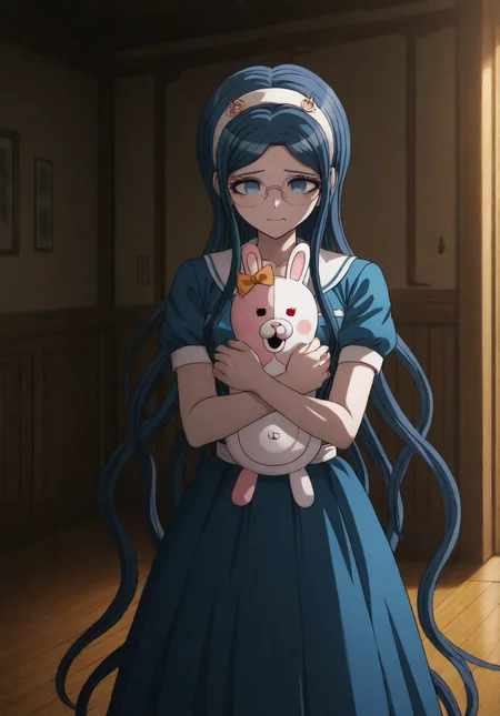 ((((solo)))), <lora:anime_screencap-Illustrious:1>, source_anime, anime screencap, anime coloring,,<lora:ponyv6_noobV1_2_adamW-000017:1>  , (scenery, volumetric lighting)  ,  masterpiece, best quality, amazing quality, very aesthetic,   newest, incredibly absurdres,, highres, masterpiece, best quality, good quality, newest, expression of grief , <lora:Tsumugi_Shirogane_Illustrious:0.6>, danganronpa_(series), danganronpa_v3:_killing_harmony, shirogane_tsumugi,glasses, long_hair, round_eyewear, sidelocks, very_long_hair, wavy_hair, blue_hair, 1girl, (((shin_megami_tensei))), ((((alice_(megami_tensei) )))),, blue_dress, blunt_bangs, demon_(megami_tensei), dress, megami_tensei, (((hairband))),hugging_doll, hugging_object,monomi_(danganronpa), puffy_short_sleeves, puffy_sleeves, rabbit,sash, short_sleeves, (((white_hairband))), white_sash ,  practice_room, wall_mirrors, ballet_bars, wooden_floor, stage_lights