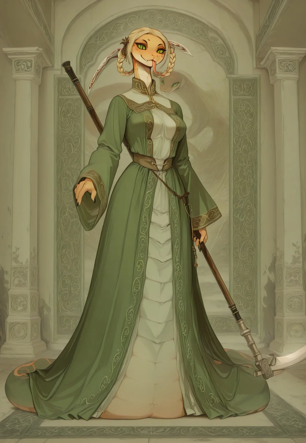 masterpiece,best quality,amazing quality, indoors, pillar
<lora:Anthropomorphic_snakes_Naga:1> anthropomorphic_snakes_(naga),
ry4, blonde hair, braid, green eyes, braided hair rings, mole under mouth, slit pupils, solo
green dress, wide sleeves
smile, forked tongue, long tongue, tongue out, closed mouth, looking at viewer, grin, smug,
black aura, black energy, blood stain, casting spell, fighting stance, dynamic pose, foreshortening, standing, holding scythe, flaming weapon, menacing, full body,
dynamic pose, dutch angle, dynamic angle
<lora:Rya:1>, <lora:forkedtongue_Illust_v1:1>, <lora:Chinoiserie_Illu_Style:1> Chinoiserie, no humans, colored skin, fangs, facial mark, slit pupils, furry, colored sclera, black sclera, snake, scales, furry female, multicolored skin, snake girl, alien, lamia, squama, Snakegirl, Chinoiserie, <lora:reptiloids_sdxl_v05_495-15-0:0.4> reptiloid, snake head,