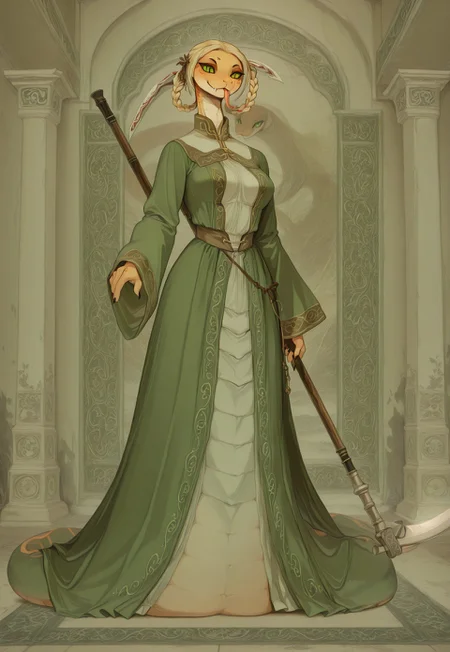 masterpiece,best quality,amazing quality, indoors, pillar
<lora:Anthropomorphic_snakes_Naga:1> anthropomorphic_snakes_(naga),
ry4, blonde hair, braid, green eyes, braided hair rings, mole under mouth, slit pupils, solo
green dress, wide sleeves
smile, forked tongue, long tongue, tongue out, closed mouth, looking at viewer, grin, smug,
black aura, black energy, blood stain, casting spell, fighting stance, dynamic pose, foreshortening, standing, holding scythe, flaming weapon, menacing, full body,
dynamic pose, dutch angle, dynamic angle
<lora:Rya:1>, <lora:forkedtongue_Illust_v1:1>, <lora:Chinoiserie_Illu_Style:1> Chinoiserie, no humans, colored skin, fangs, facial mark, slit pupils, furry, colored sclera, black sclera, snake, scales, furry female, multicolored skin, snake girl, alien, lamia, squama, Snakegirl, Chinoiserie, <lora:reptiloids_sdxl_v05_495-15-0:0.4> reptiloid, snake head,