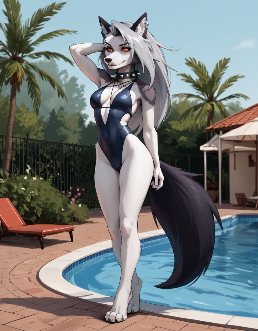 score_9,score_8_up,score_7_up,
outdoors,poolside, 
full body,seductive smile,parted lips,long eyelashes,pose,standing,
swimsuit, 
<lora:add-detail-xl:1>,
<lora:L00na_v03_PDXL:1>,L00na,1girl,solo,furry female,wolf girl,red eyes,colored sclera,red sclera,grey hair,long hair,bangs,wolf ears,wolf tail,body fur,grey fur,two-tone fur,white fur,spiked collar,snout,animal nose,eyebrow piercing,ear piercing,