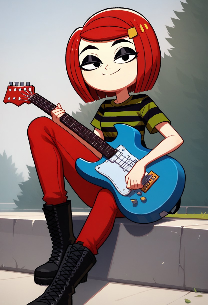 score_9, 1girl, solo, laney penn, red hair, hairclip, striped shirt, red pants, black boots, half-closed eyes, black eyeshadow, looking at viewer, smile, closed mouth, holding guitar, blue guitar, sitting, outdoors