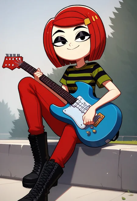 score_9, 1girl, solo, laney penn, red hair, hairclip, striped shirt, red pants, black boots, half-closed eyes, black eyeshadow, looking at viewer, smile, closed mouth, holding guitar, blue guitar, sitting, outdoors