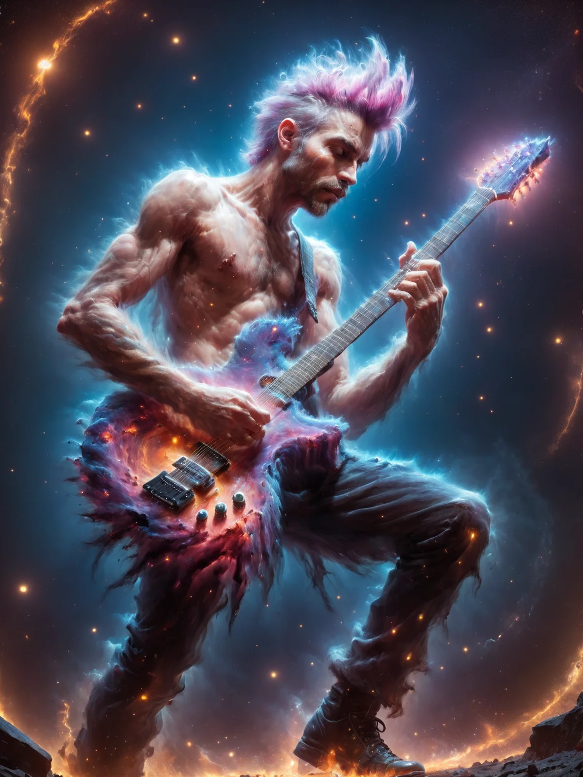 punk rocker playing guitar made of mad-nbla stage in background <lora:Space_Nebula_Style_SDXL:0.85>, (masterpiece:1.2), best quality