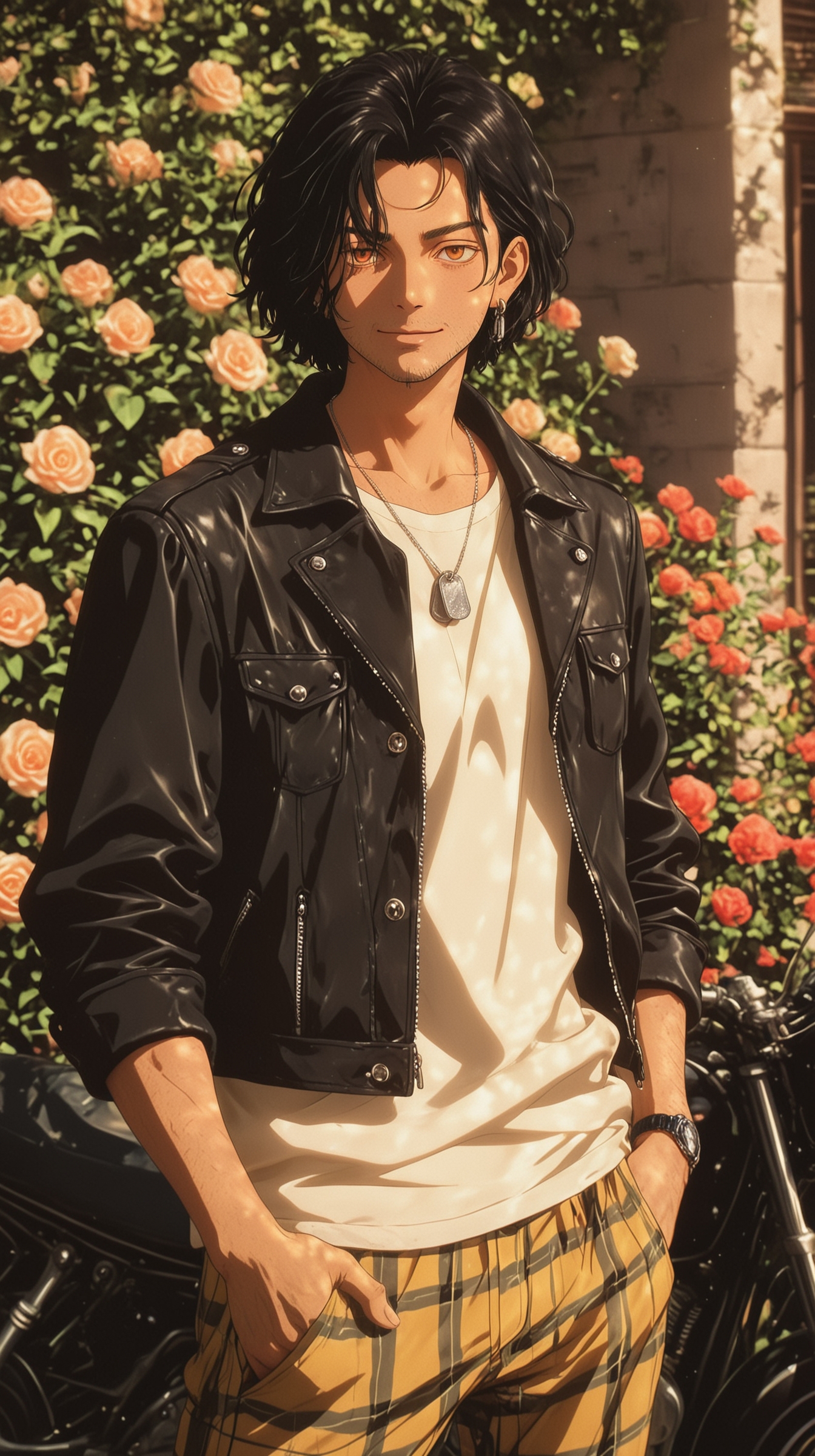 masterpiece, best quality, (anime coloring:1.2), LDSCH Style, aesthetic,
solo, 1boy, short hair, tousled hair, black hair, single ear ring, orange eyes, detailed eyes, beard stubble, muscular, white t-shirt, yellow pants, plaid pants, leather jacket, wristwatch, dog tags, standing, hand in pocket, dynamic pose, outdoors, garden, flowers, roses, sunlight, motorcycle, realistic shading, looking at viewer, model, modeling, smile, depth of field