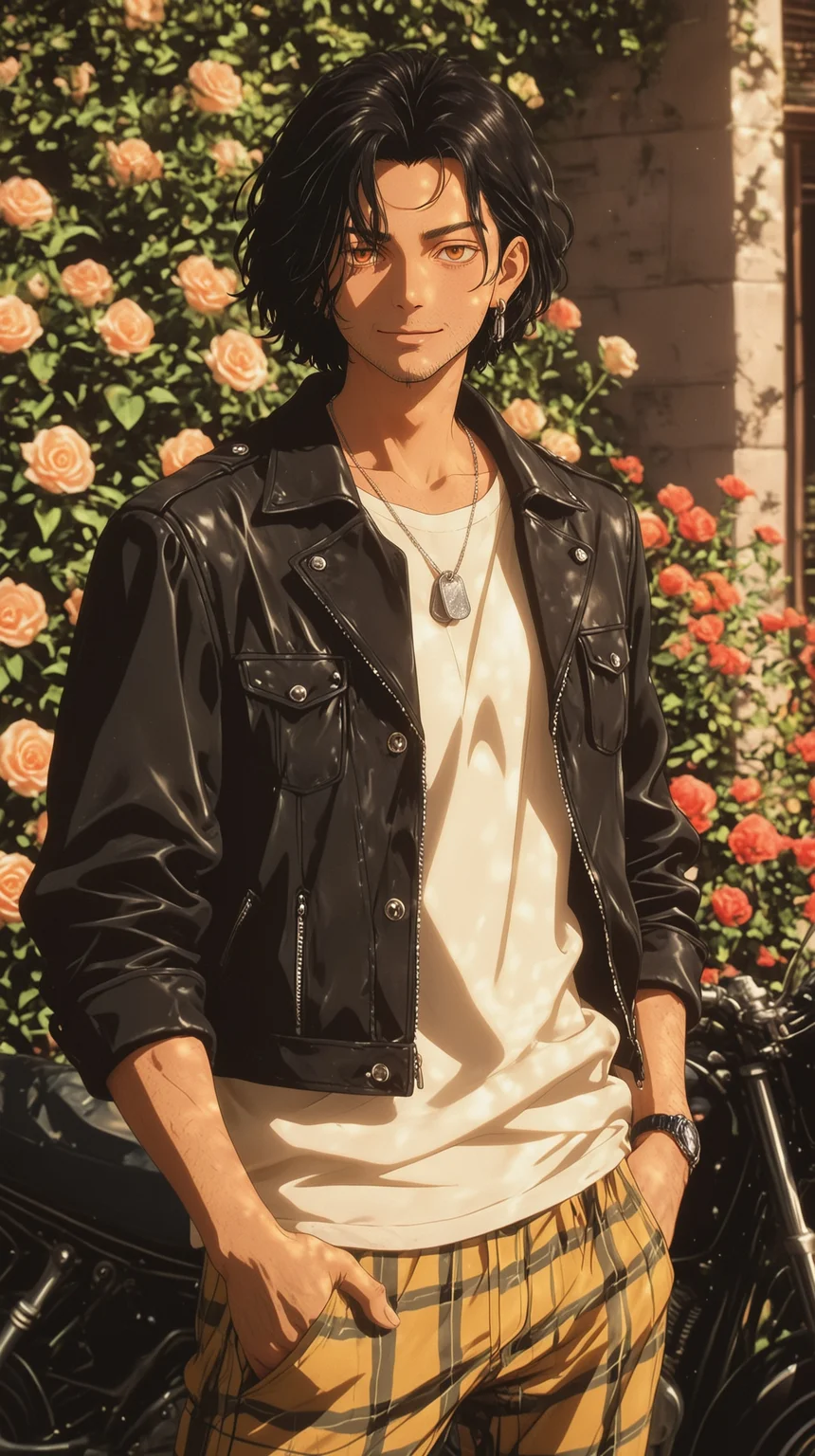 masterpiece, best quality, (anime coloring:1.2), LDSCH Style, aesthetic,
solo, 1boy, short hair, tousled hair, black hair, single ear ring, orange eyes, detailed eyes, beard stubble, muscular, white t-shirt, yellow pants, plaid pants, leather jacket, wristwatch, dog tags, standing, hand in pocket, dynamic pose, outdoors, garden, flowers, roses, sunlight, motorcycle, realistic shading, looking at viewer, model, modeling, smile, depth of field