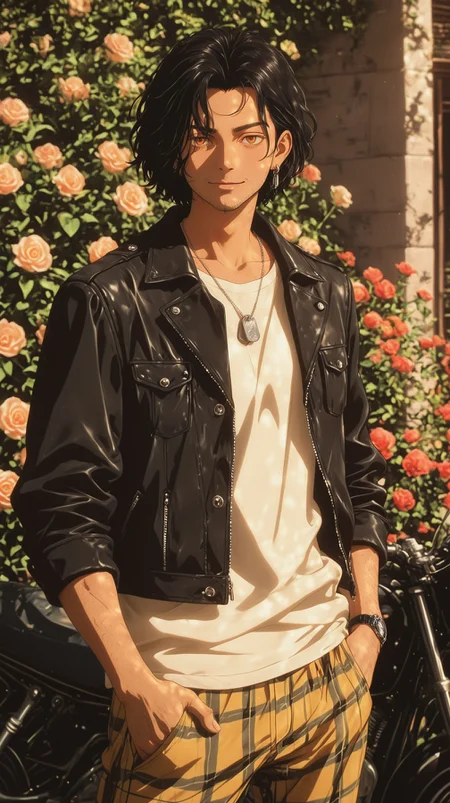 masterpiece, best quality, (anime coloring:1.2), LDSCH Style, aesthetic,
solo, 1boy, short hair, tousled hair, black hair, single ear ring, orange eyes, detailed eyes, beard stubble, muscular, white t-shirt, yellow pants, plaid pants, leather jacket, wristwatch, dog tags, standing, hand in pocket, dynamic pose, outdoors, garden, flowers, roses, sunlight, motorcycle, realistic shading, looking at viewer, model, modeling, smile, depth of field
