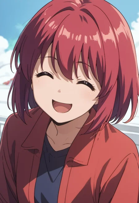 score_9, score_8_up, score_7_up, source_anime, kushieda minori, red hair, short hair, purple eyes, 1girl, closed eyes, solo, smile, open mouth, anime coloring, ^ ^