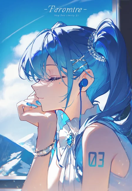 very awa, masterpiece, best quality, newest, absurdres, highres, 1girl, artist name, bare shoulders, blue hair, blue nails, blue sky, bracelet, brooch, close-up, closed eyes, closed mouth, day, earbuds, earphones, eyelashes, fingernails, frills, from side, glint, hair between eyes, hair ornament, hairclip, hand on own chin, hands up, head rest, jewelry, light particles, light smile, long eyelashes, long hair, neck ribbon, number tattoo, outdoors, product placement, profile, ribbon, shirt, shoulder tattoo, sky, sleeveless, sleeveless shirt, solo, sunlight, tattoo, twintails, upper body, web address, white ribbon, white shirt, x hair ornament, cloud, day, english text, looking outside, mountain, outdoors, window
