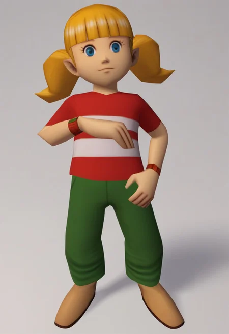 score_8, score_8_up, score_7_up, source_anime BREAK, 1girl, solo, 3d, polygonal, white background, full body, penny \(inspector gadget\), blonde hair, twintails, blunt bangs, blue eyes, flat chest, red shirt, red shirt, striped shirt, stripe, white stripe, green pants, wristwatch,