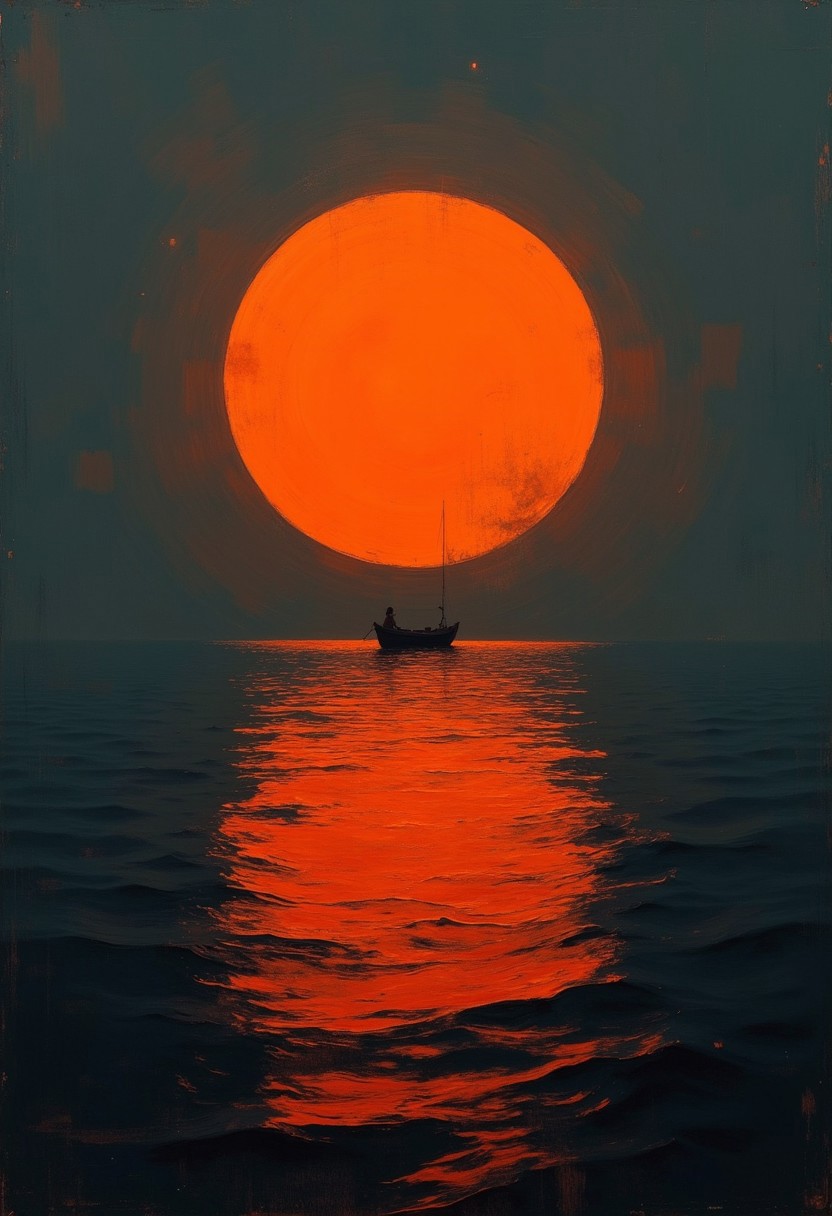 DB4RZ style painting, 　 Dark cyberpunk artwork of THE PENITENT ONE , grainy, noise, . Extremely hyper realistic detailed  blender processed, realistic water, huge perfect round orange color circular light in the center, a silhouetted small boat, dark skies. minimalism.