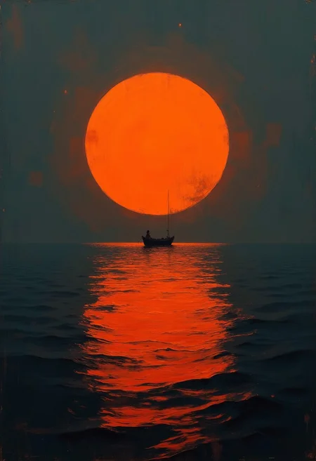 DB4RZ style painting, Dark cyberpunk artwork of THE PENITENT ONE , grainy, noise, . Extremely hyper realistic detailed blender processed, realistic water, huge perfect round orange color circular light in the center, a silhouetted small boat, dark skies. minimalism.