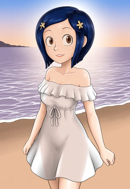 masterpiece, best quality, absurdes, 1girl, solo,
(source_cartoon),
<lora:Coraline - Garabatoz Style (Illust):0.8>
Coraline_Garabatoz, freckles, brown eyes, short hair, hair ornament,
summer dress, off shoulder, medium breasts,
outdoors, ocean, beach, water, shade,
<lora:Detailer_NoobAI_Incrs_v1:0.4> detailed,