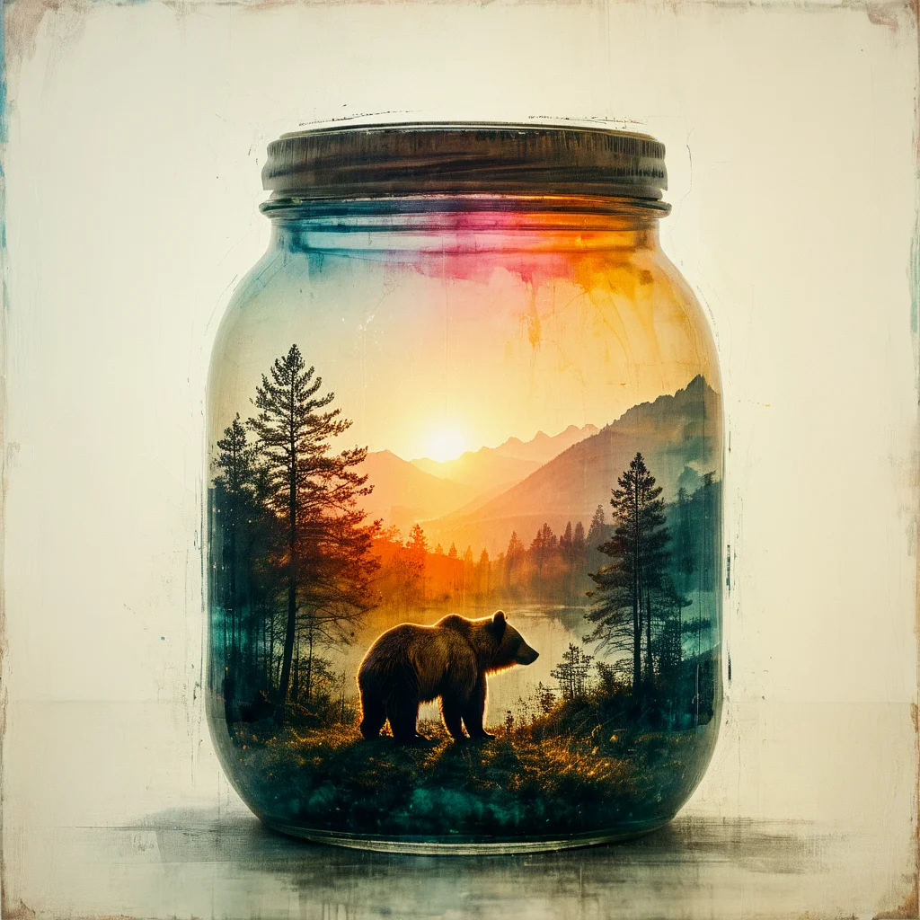 Double exposure. Layered dreamlike art. Light leak. Screenprint texture. Distressed overlay.
Sunset inside a jar filled with mountains. A bear face, double exposure. Refracted light.
<lora:Screedex01_CE_XL_300-OT:0.6> scrdxCE_style
