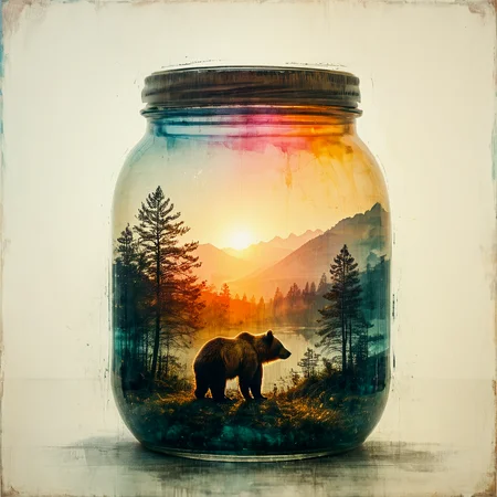 Double exposure. Layered dreamlike art. Light leak. Screenprint texture. Distressed overlay.
Sunset inside a jar filled with mountains. A bear face, double exposure. Refracted light.
<lora:Screedex01_CE_XL_300-OT:0.6> scrdxCE_style