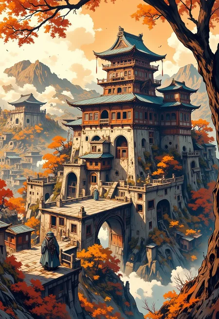 Japanese medieval castle on a hill overlooking a medieval edo-era Japanese town, rolling hills and woodland, autumn, sunset. Impressionistic anime-style scene, Mixed art style, loose, painterly impressionist brushstrokes for depth and atmosphere, anime-style character details, ligne claire outlines for clarity and structure, In the style of ff-td, sm41l33 comic.