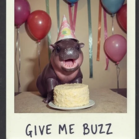 A cute Polaroid photograph capturing a baby hippo at a colorful birthday party. The baby hippo is sitting in front of a birthday cake, wearing a small party hat with bright colors. Balloons and streamers decorate the background, with a festive atmosphere. The hippo’s expression is joyful, its mouth open in delight as if it’s excited about the celebration. The Polaroid photo has a slightly faded, vintage look, with soft edges and a handwritten caption at the bottom that reads “GIVE ME BUZZ.” The colors in the image are vibrant but slightly washed out, giving it a nostalgic, heartwarming feel, as though it’s a cherished memory from a fun party.