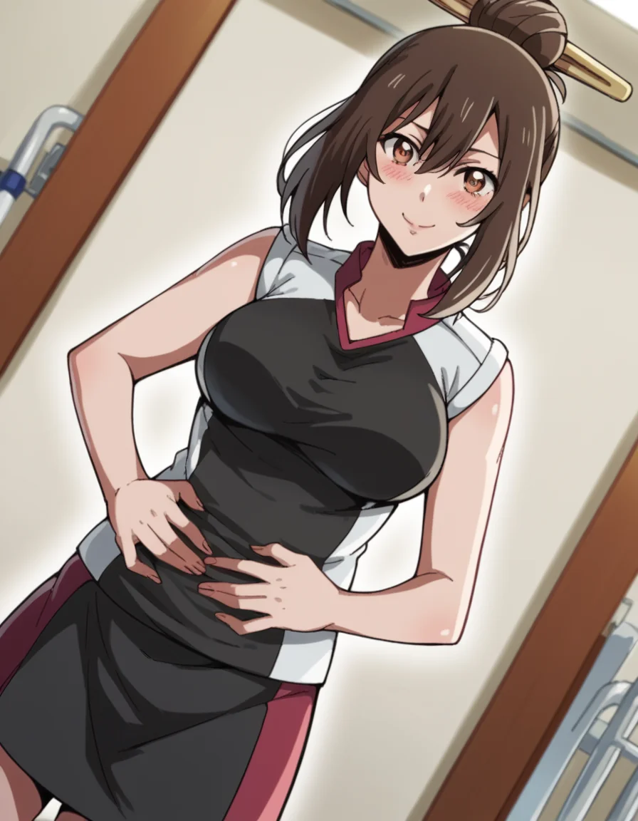score_9, score_8_up, score_7_up, source_anime, <lora:nozomi-ishizawa-s1-ponyxl-lora-nochekaiser:1>, nozomi ishizawa, skirt, large breasts, brown hair, hair ornament, brown eyes, single hair bun,, skirt, sportswear,, hospital room, bedside, get well flowers, comforting, quiet, smile, looking at viewer, hands on stomach, blush,, solo,, dutch angle, cowboy shot