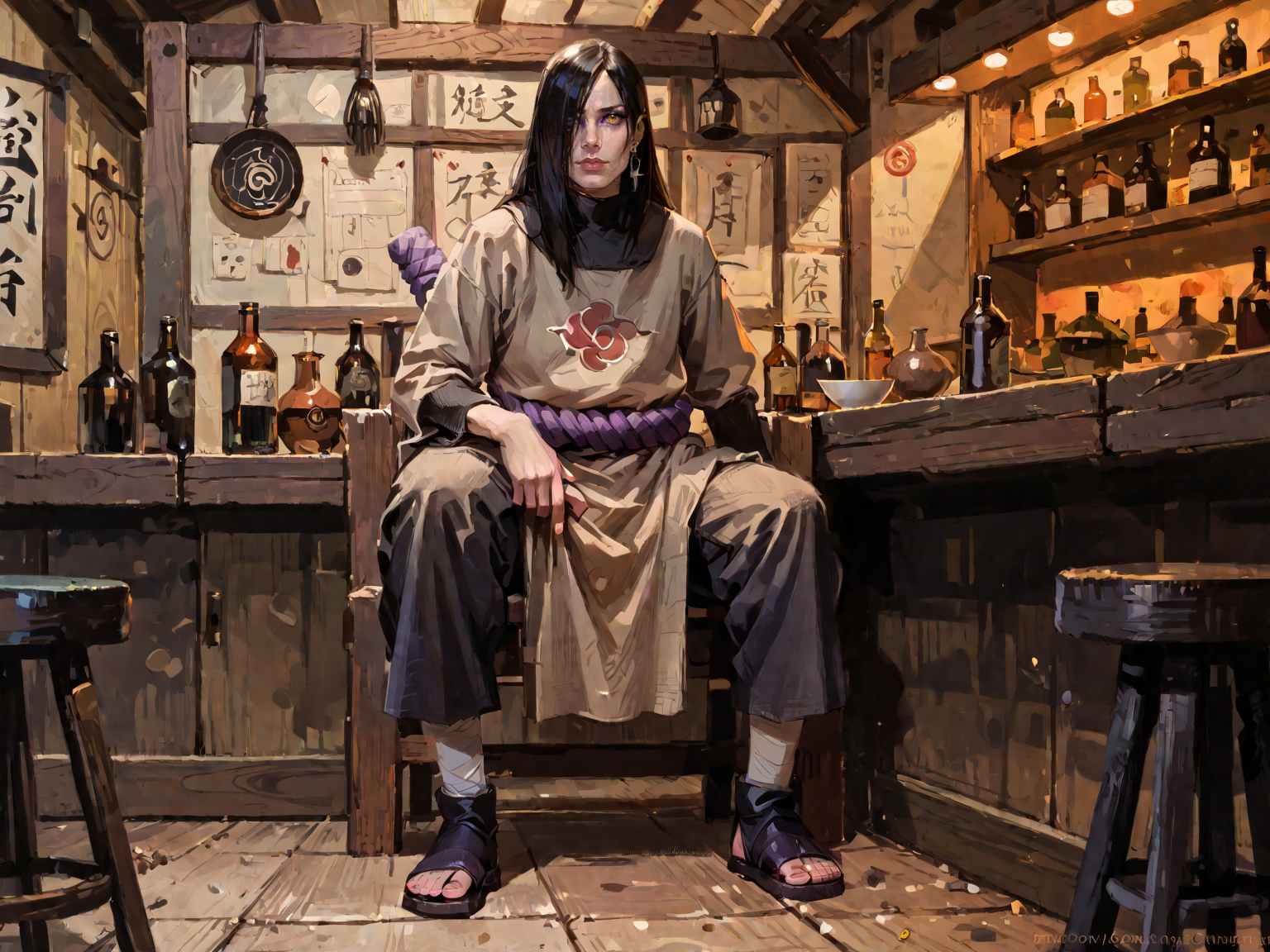 <lora:NarutoConceptStyle:0.8>,  <lora:OrochimaruV1:0.8>, adult man, oroch1maru, yellow eyes, slit pupils, black hair, long hair, purple eyeliner, hair over one eye, pale skin, tan tunic, long sleeves, purple rope belt, pants, sandals, earrings, sitting, village, bar, sake bottle, indoors, solo, ninja, japan, medieval, <lora:AlexanderMandradjiev:0.8>, zPDXL3, score_9, score_8_up, score_7_up, score_6_up, score_5_up, score_4_up, realistic, real, hyper realistic, (source_real:1.3)