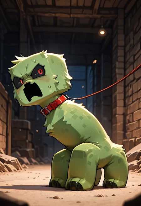 masterpiece, best quality, amazing quality, very aesthetic, absurdres, newest, , detailed background,
movie scene, cinematic scene, cinematic, foreground blur, depth of field,
crpr, no humans, full body, pokemon (creature), open mouth, green skin, black sclera, black mouth,
angry, red collar, leaning forward, hunched back, side view, dog leash, leash,