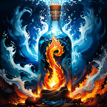 a mystical maelstrom of fire and water inside a bottle, masterwork